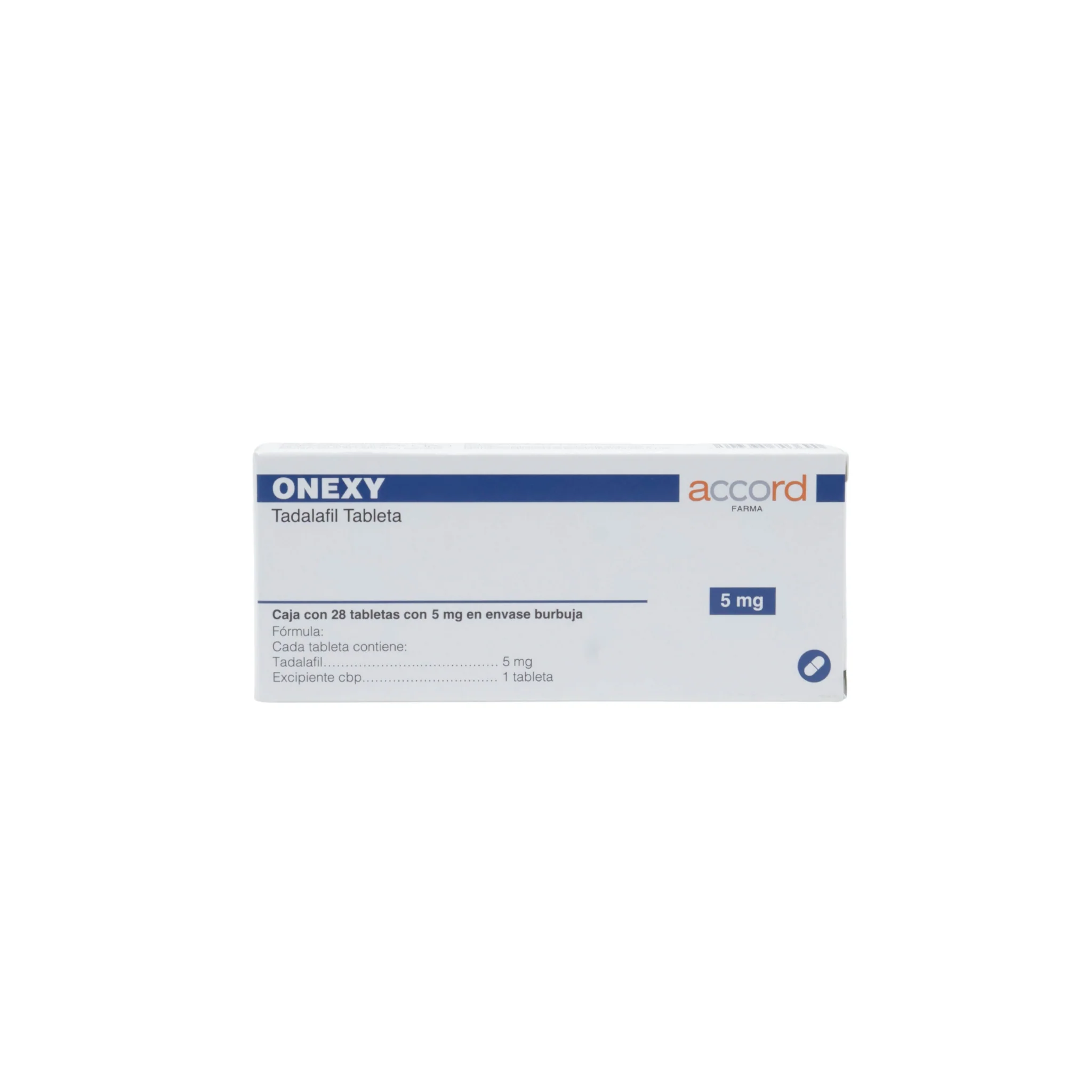 Onexy Tadalafil 5 mg, Caja con 28 tabletas en envase burbuja
